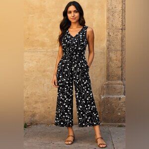 Calvin Klein Black White Floral Sleeveless Wide-Leg Jumpsuit Size 4